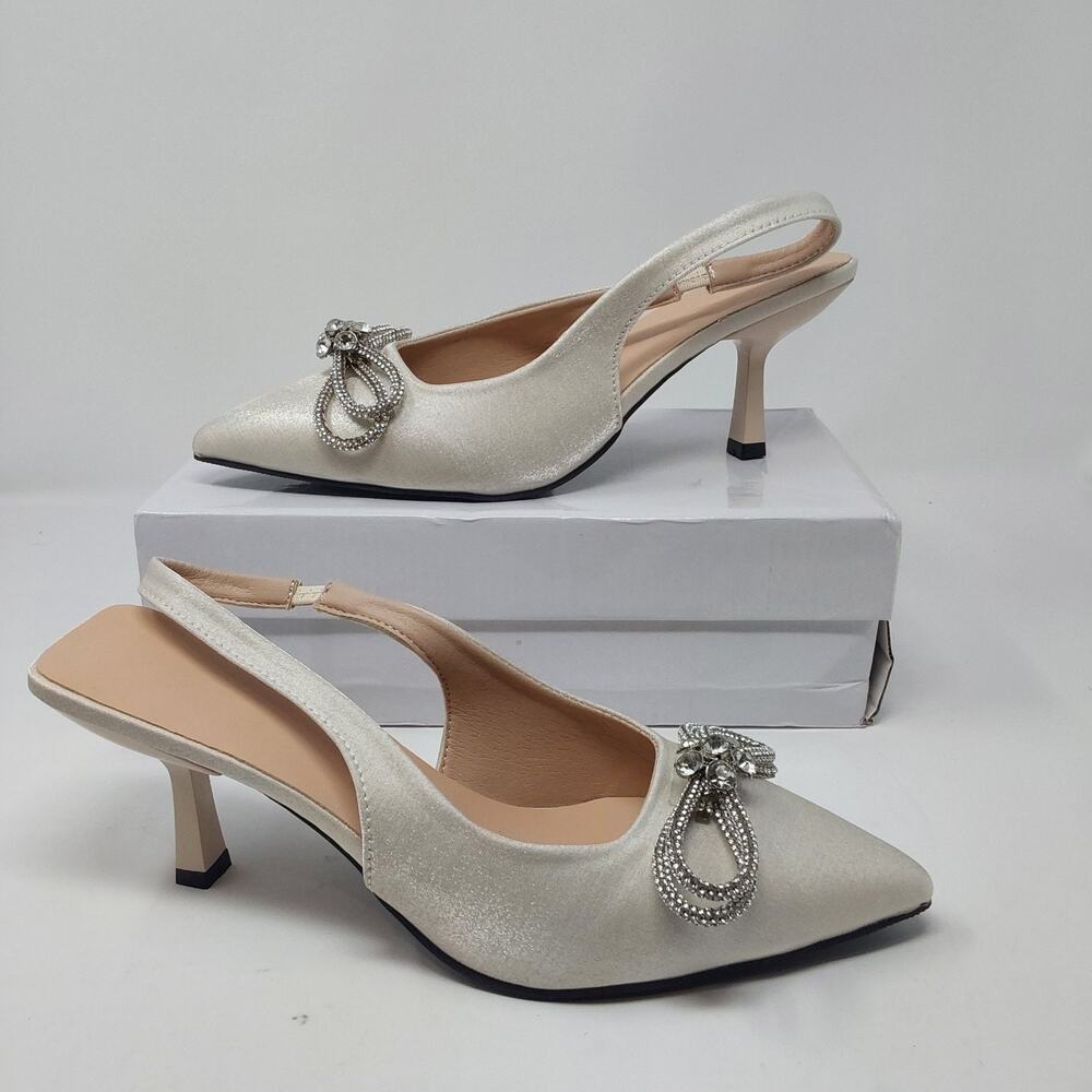 Women’s Ivory Satin Slingback Heels Size EU 40 Rhinestone Bow Pointed Toe